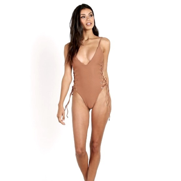 Blue Life Roped Up One Piece Swimsuit in Cacao Tan Lace Up Nude Deep V - Picture 3 of 12